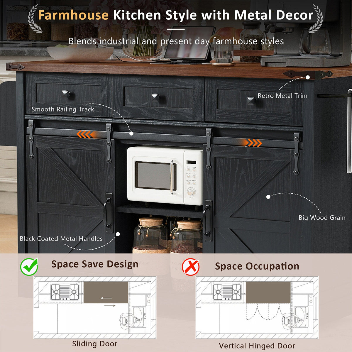 SINOFURN Black Mdf Base with Mdf Wood Top Rolling Kitchen Island (28.8-in x 53.8-in x 36.5-in)