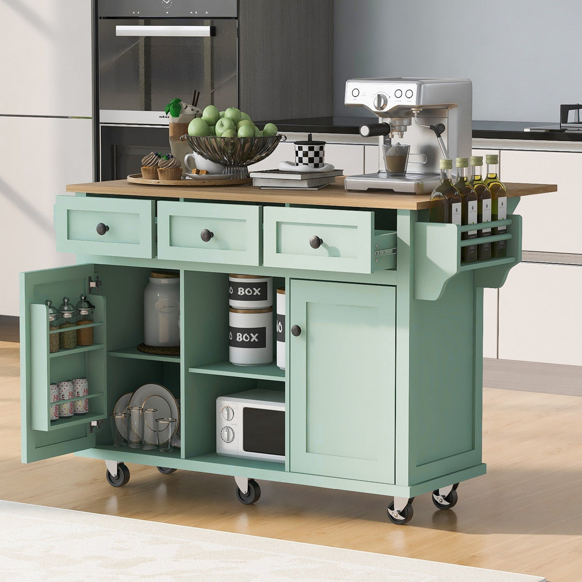 SINOFURN Green Mdf Base with Wood Top Rolling Kitchen Island (17.7-in x 53.1-in x 37.2-in)