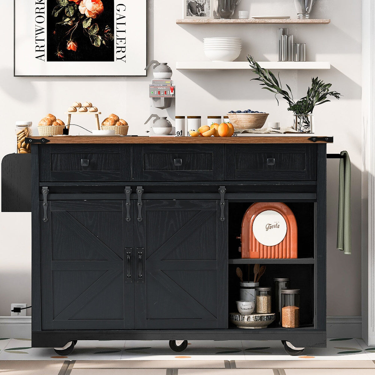 SINOFURN Black Mdf Base with Mdf Wood Top Rolling Kitchen Island (28.8-in x 53.8-in x 36.5-in)