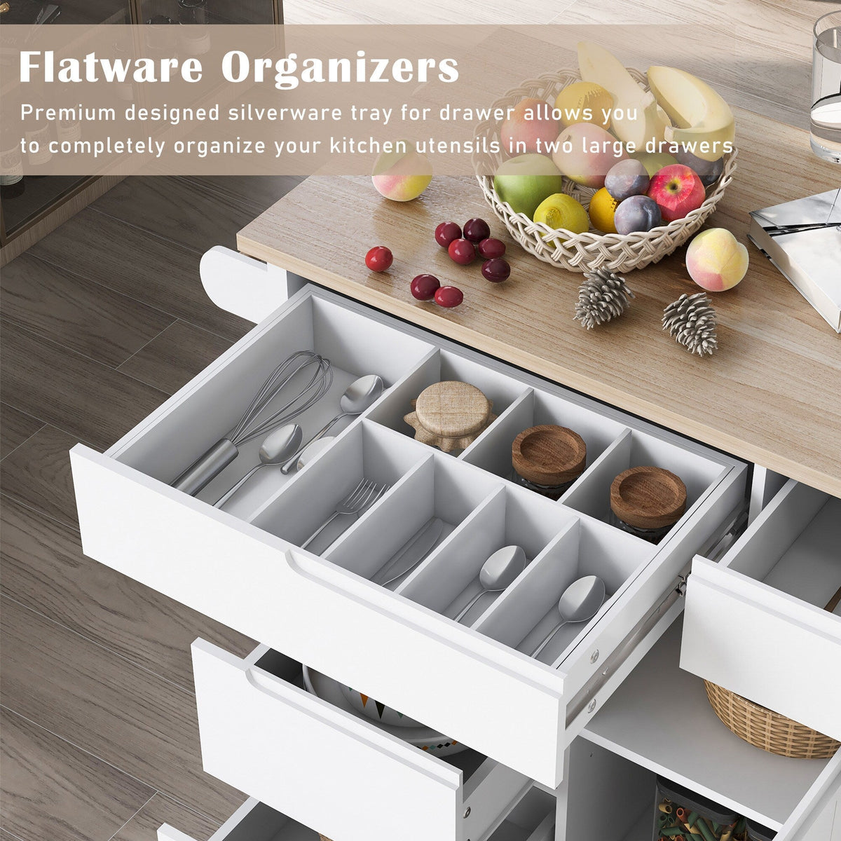 SINOFURN White Mdf Base with Wood Top Rolling Kitchen Cart (18.5-in x 53.1-in x 37-in)