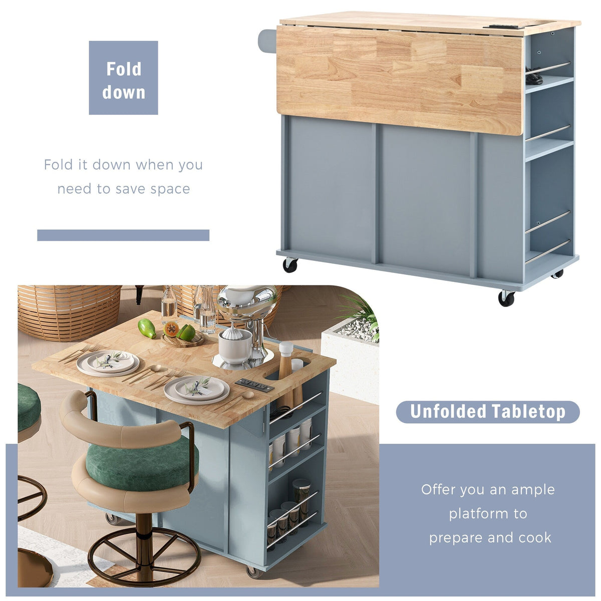 SINOFURN Blue Mdf Base with Wood Top Rolling Kitchen Cart (29.3-in x 39.8-in x 33.7-in)