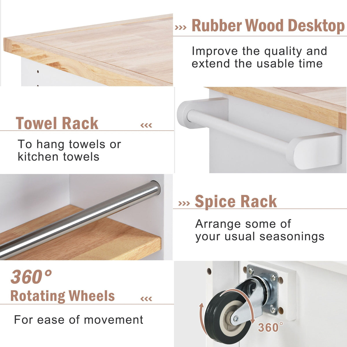 SINOFURN White Mdf Base with Wood Top Rolling Kitchen Cart (21.7-in x 43.3-in x 35.6-in)