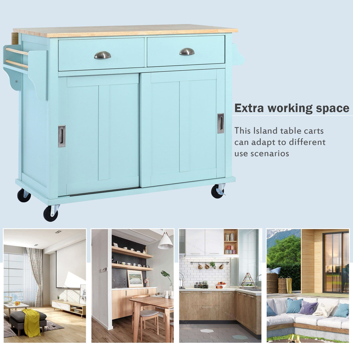 SINOFURN Green Mdf Base with Wood Top Rolling Kitchen Island (20.5-in x 52.2-in x 36.6-in)