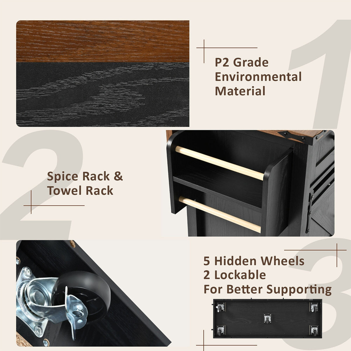 SINOFURN Black Mdf Base with Mdf Wood Top Rolling Kitchen Island (28.8-in x 53.8-in x 36.5-in)