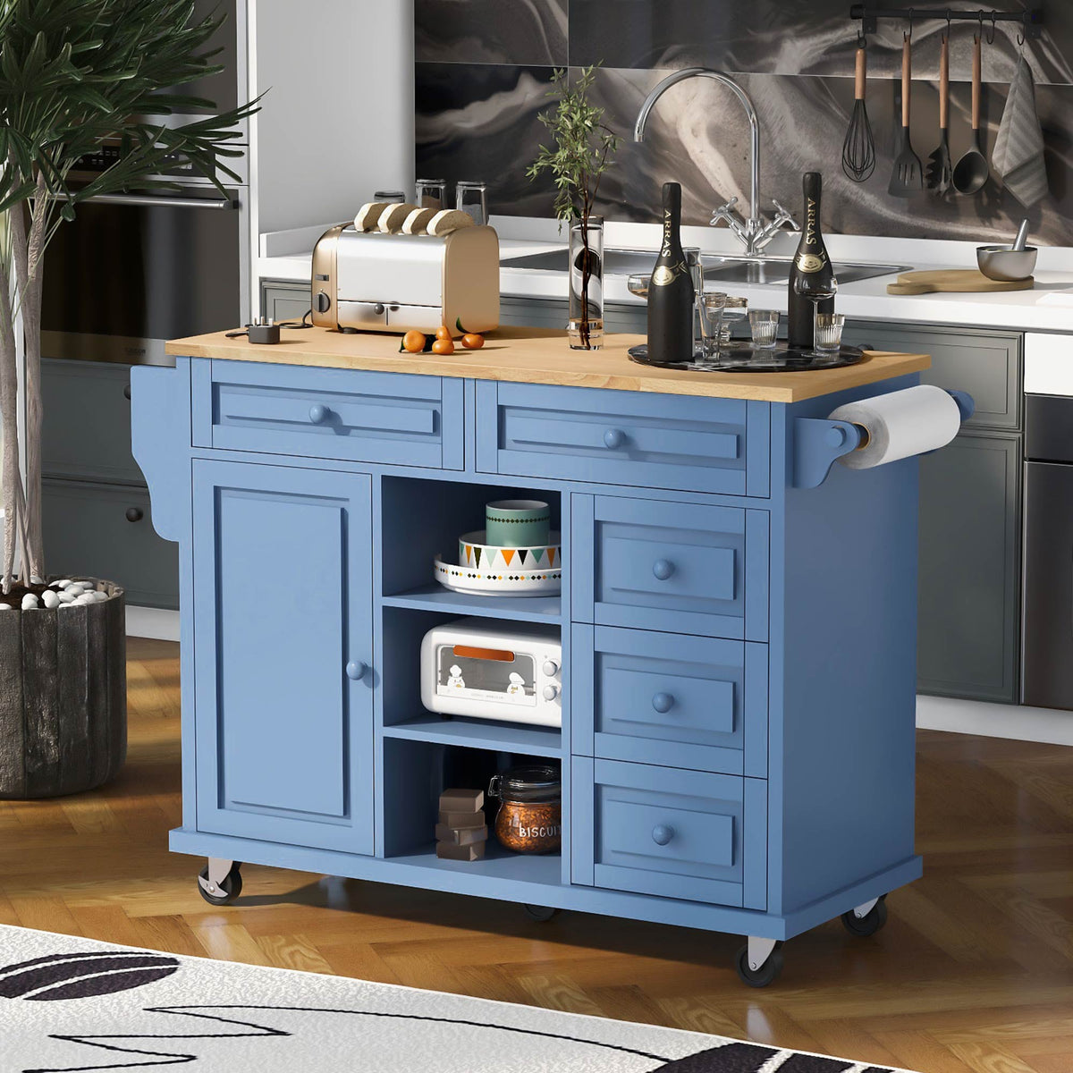 SINOFURN Blue Mdf Base with Wood Top Rolling Kitchen Cart (18.1-in x 52.8-in x 36.2-in)