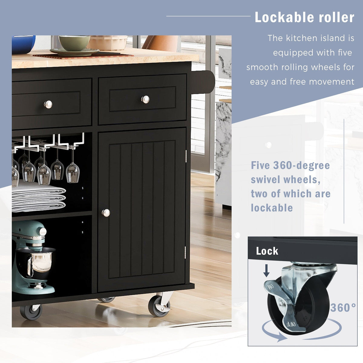 SINOFURN Black Mdf Base with Wood Top Rolling Kitchen Cart (29.3-in x 39.8-in x 33.7-in)