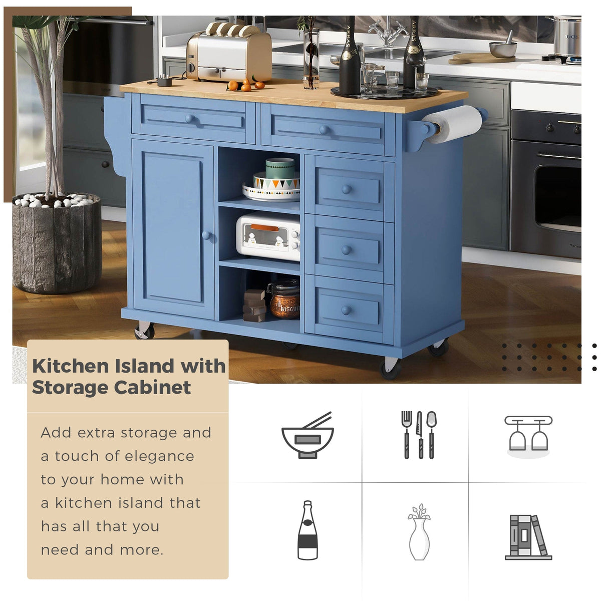 SINOFURN Blue Mdf Base with Wood Top Rolling Kitchen Cart (18.1-in x 52.8-in x 36.2-in)
