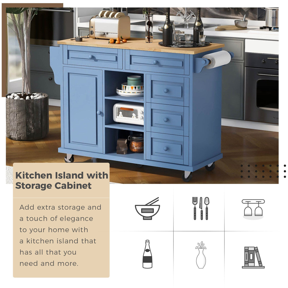 SINOFURN Blue Mdf Base with Wood Top Rolling Kitchen Cart (18.1-in x 52.8-in x 36.2-in)