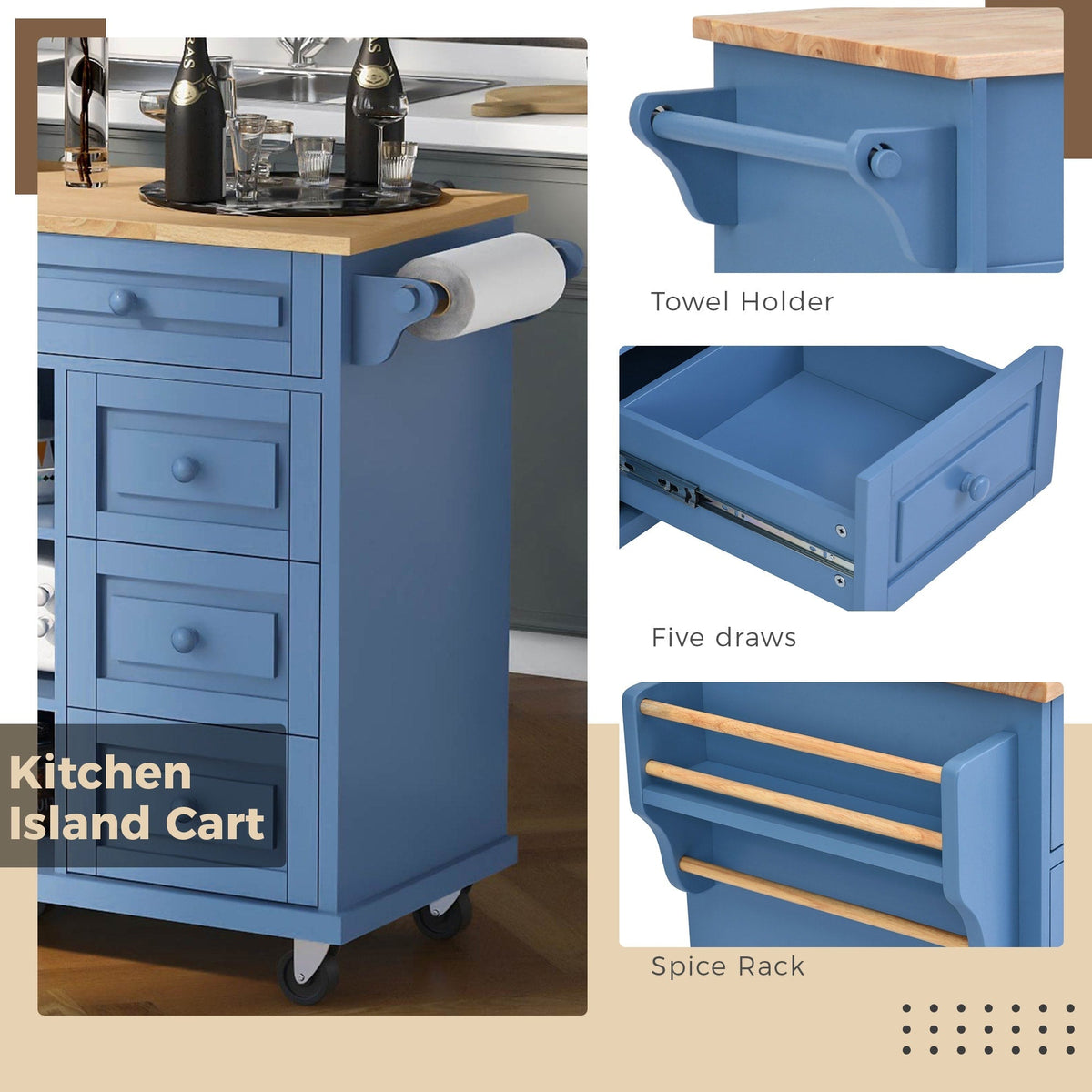 SINOFURN Blue Mdf Base with Wood Top Rolling Kitchen Cart (18.1-in x 52.8-in x 36.2-in)