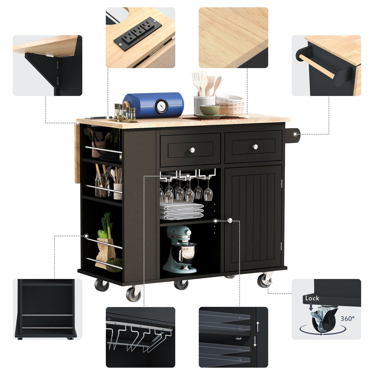 SINOFURN Black Mdf Base with Wood Top Rolling Kitchen Cart (29.3-in x 39.8-in x 33.7-in)