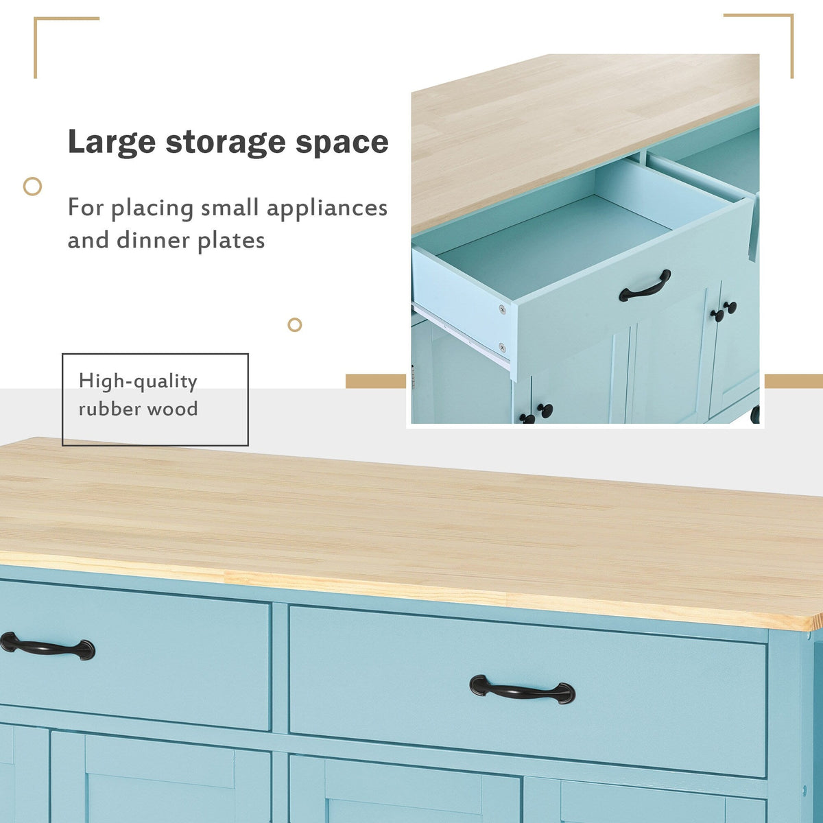 SINOFURN Blue Mdf Base with Wood Top Rolling Kitchen Cart (18.5-in x 54.33-in x 36.22-in)