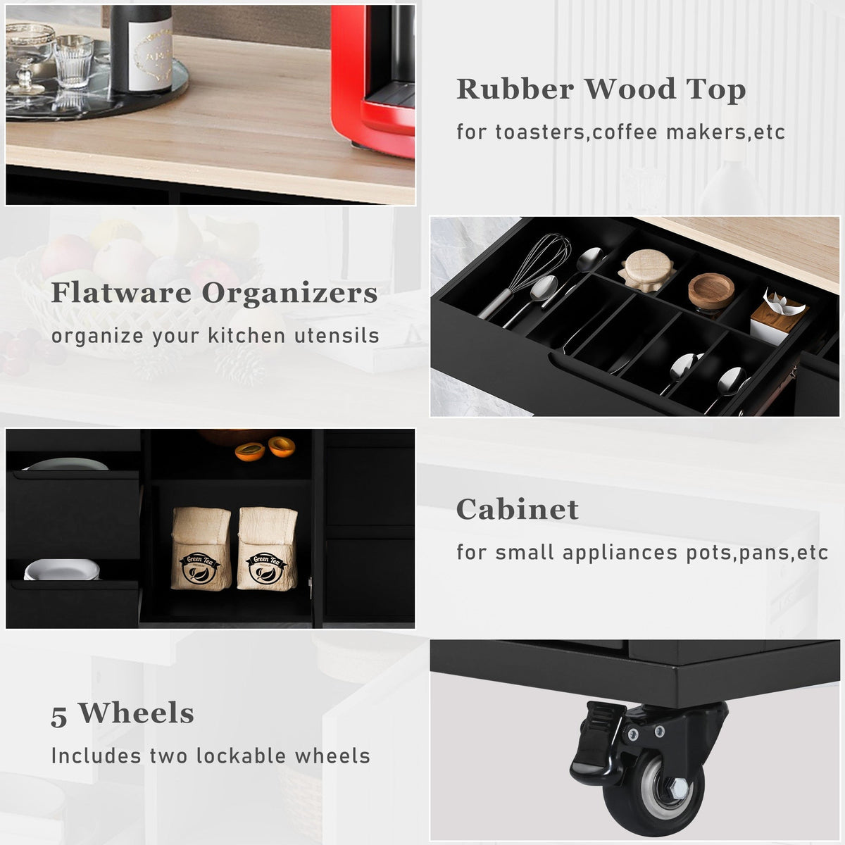 SINOFURN Black Mdf Base with Wood Top Rolling Kitchen Cart (18.5-in x 53.1-in x 37-in)