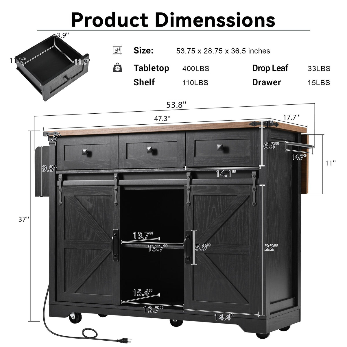 SINOFURN Black Mdf Base with Mdf Wood Top Rolling Kitchen Island (28.8-in x 53.8-in x 36.5-in)