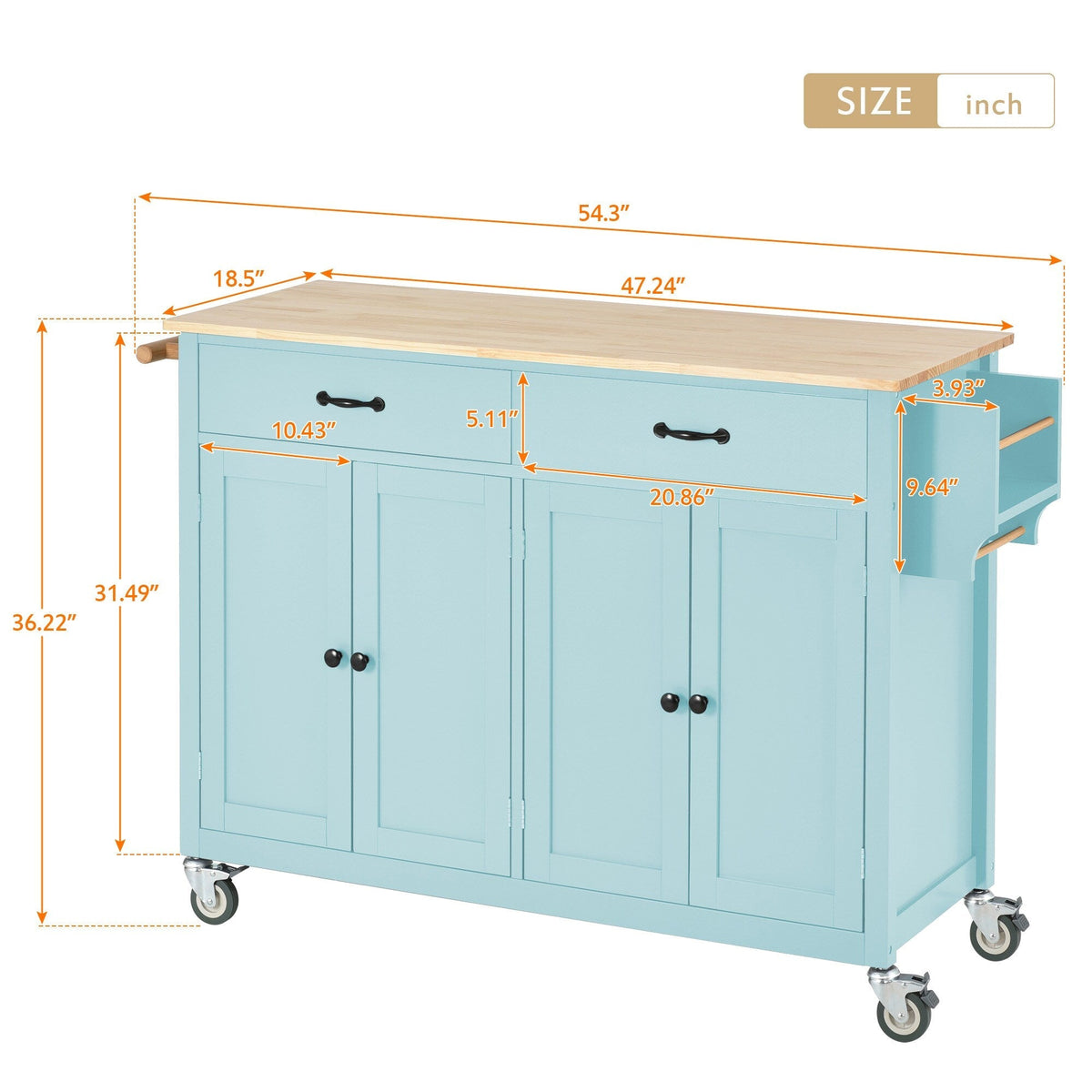 SINOFURN Blue Mdf Base with Wood Top Rolling Kitchen Cart (18.5-in x 54.33-in x 36.22-in)