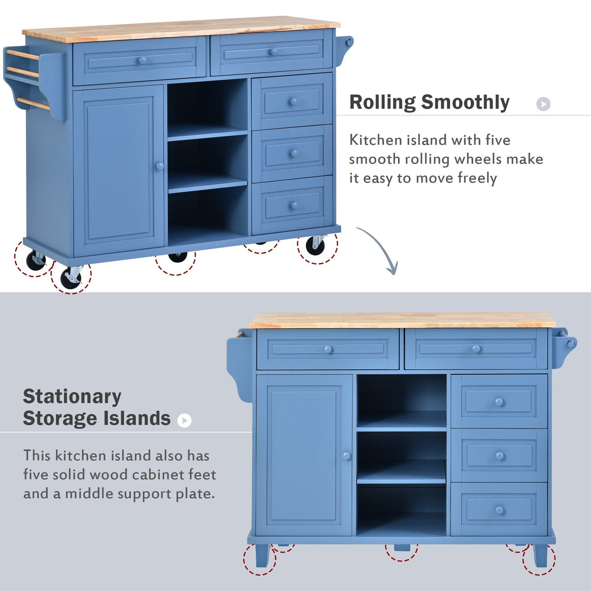SINOFURN Blue Mdf Base with Wood Top Rolling Kitchen Cart (18.1-in x 52.8-in x 36.2-in)