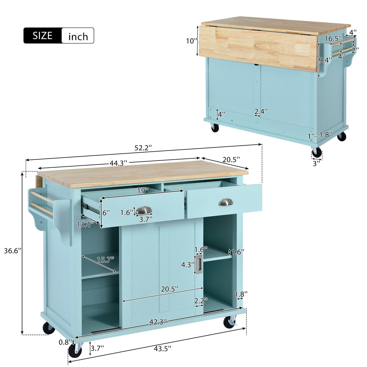 SINOFURN Green Mdf Base with Wood Top Rolling Kitchen Island (20.5-in x 52.2-in x 36.6-in)