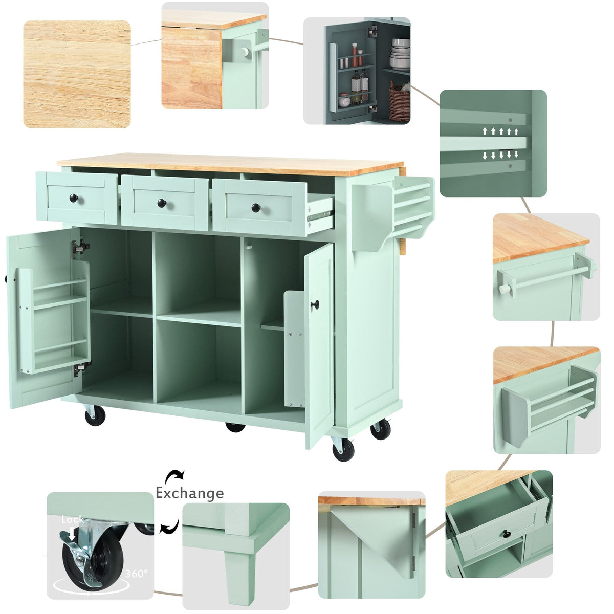 SINOFURN Green Mdf Base with Wood Top Rolling Kitchen Island (17.7-in x 53.1-in x 37.2-in)