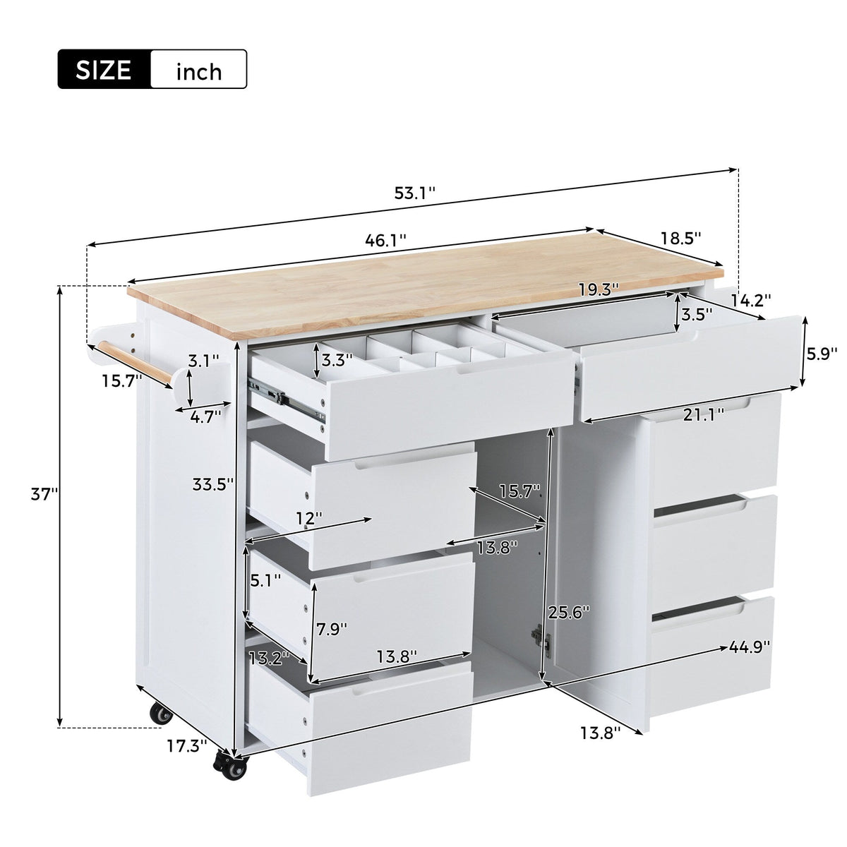 SINOFURN White Mdf Base with Wood Top Rolling Kitchen Cart (18.5-in x 53.1-in x 37-in)