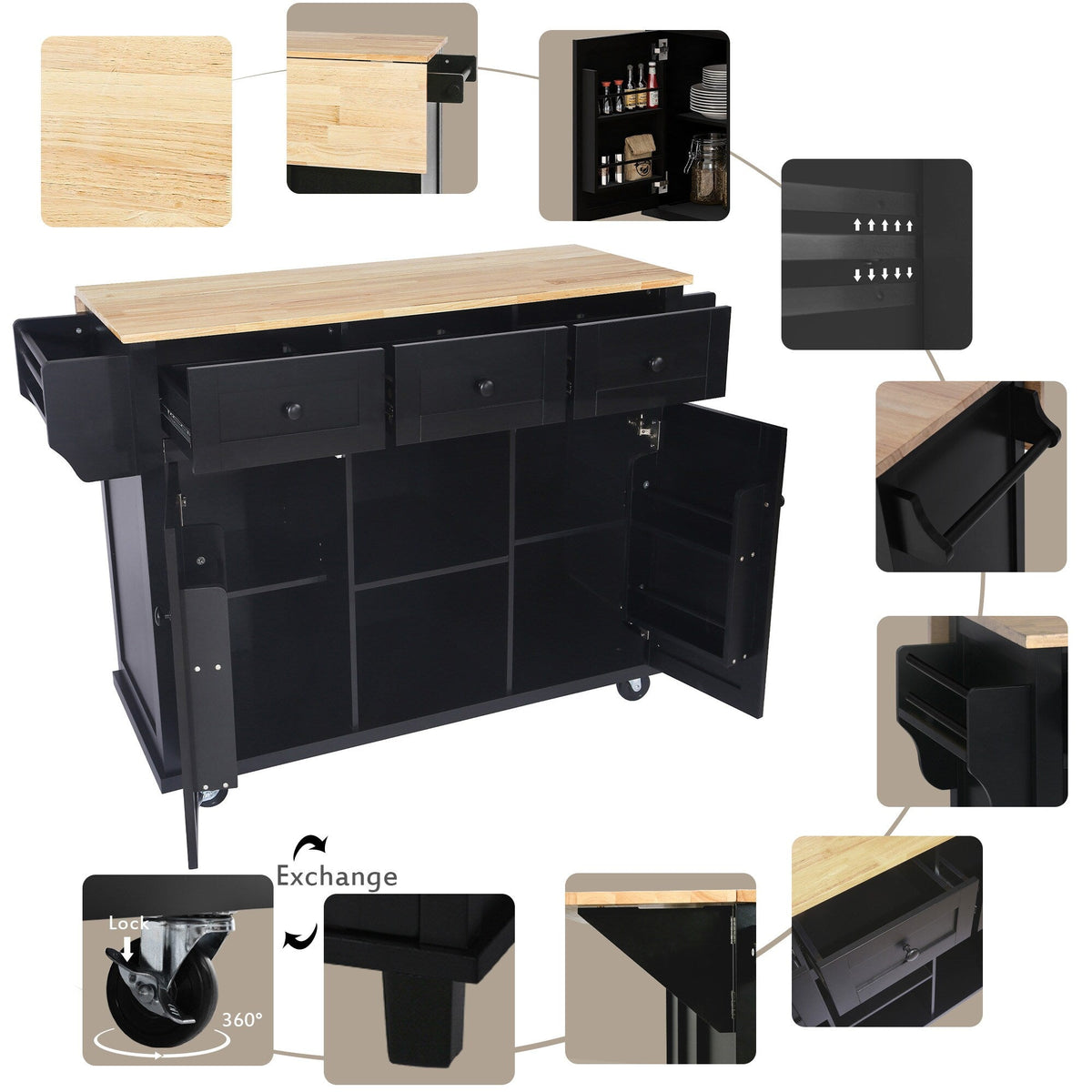 SINOFURN Black Mdf Base with Wood Top Rolling Kitchen Island (17.7-in x 53.1-in x 37.2-in)
