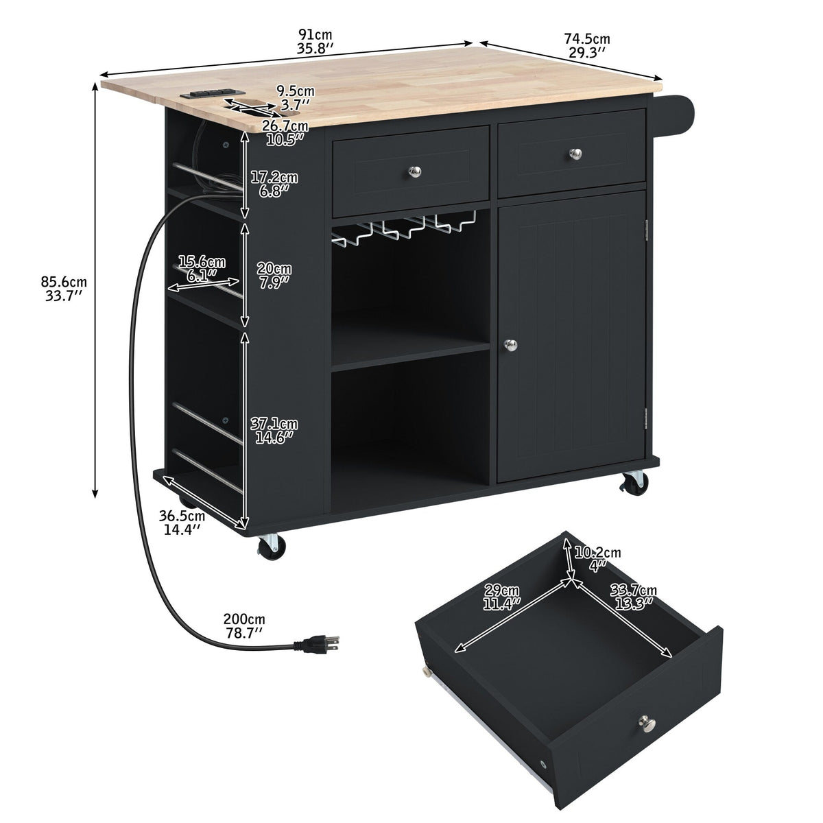 SINOFURN Black Mdf Base with Wood Top Rolling Kitchen Cart (29.3-in x 39.8-in x 33.7-in)