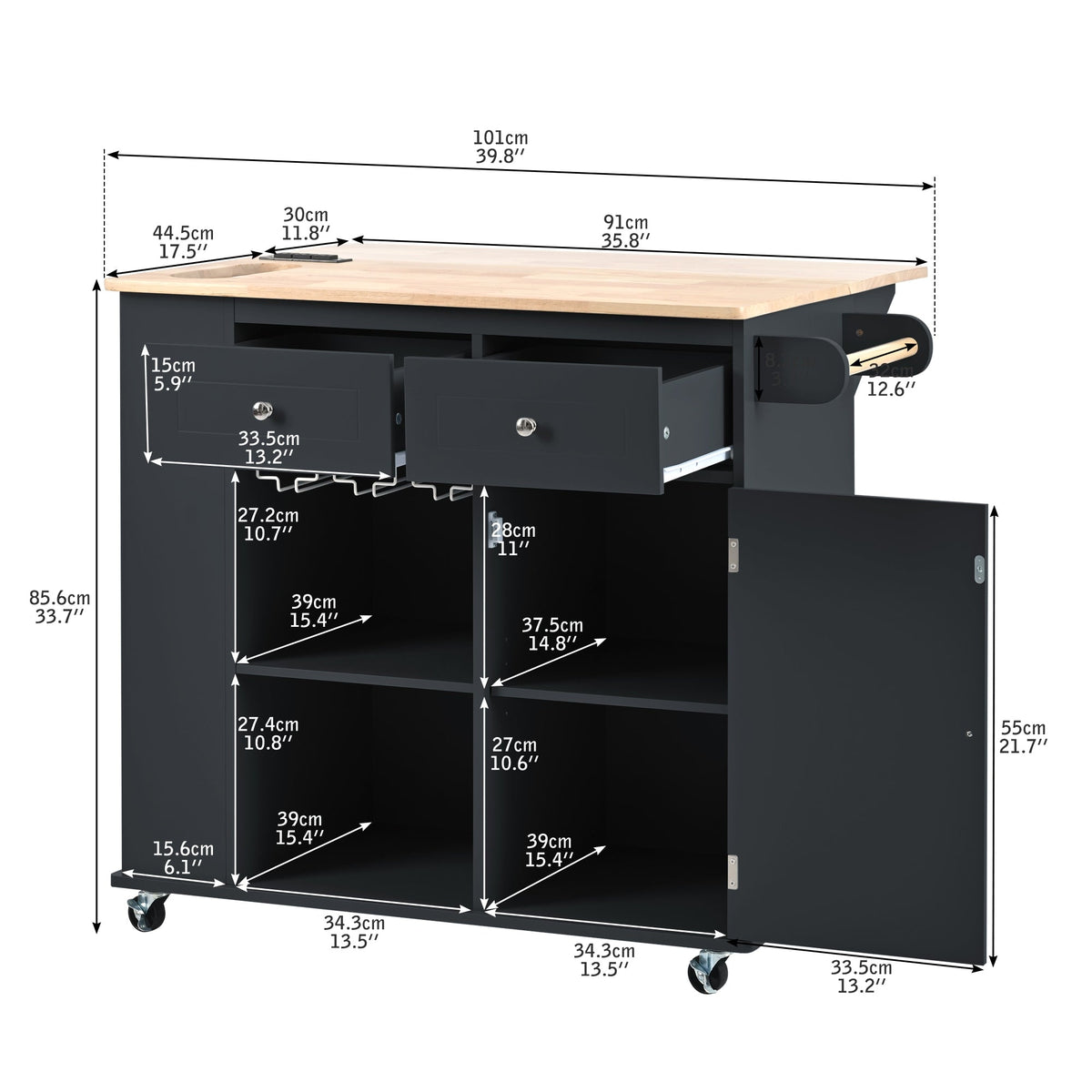 SINOFURN Black Mdf Base with Wood Top Rolling Kitchen Cart (29.3-in x 39.8-in x 33.7-in)