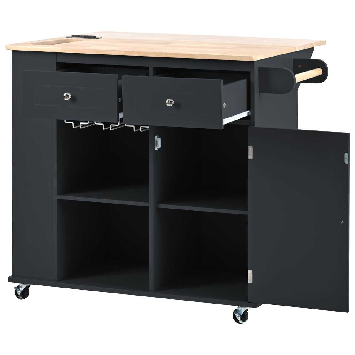 SINOFURN Black Mdf Base with Wood Top Rolling Kitchen Cart (29.3-in x 39.8-in x 33.7-in)