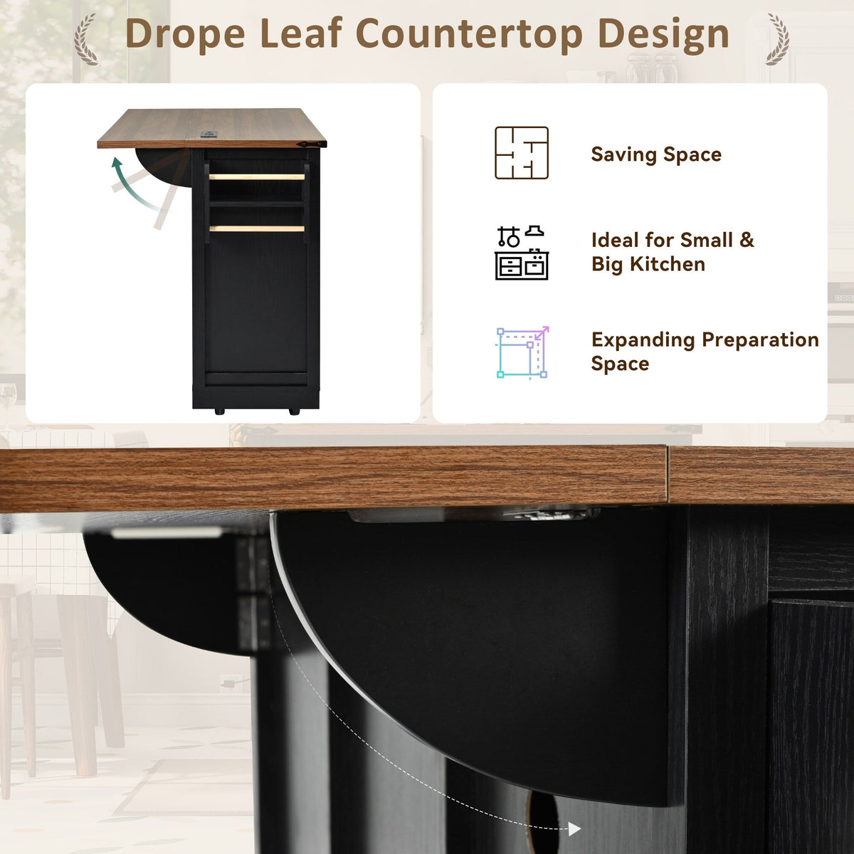 SINOFURN Black Mdf Base with Mdf Wood Top Rolling Kitchen Island (28.8-in x 53.8-in x 36.5-in)