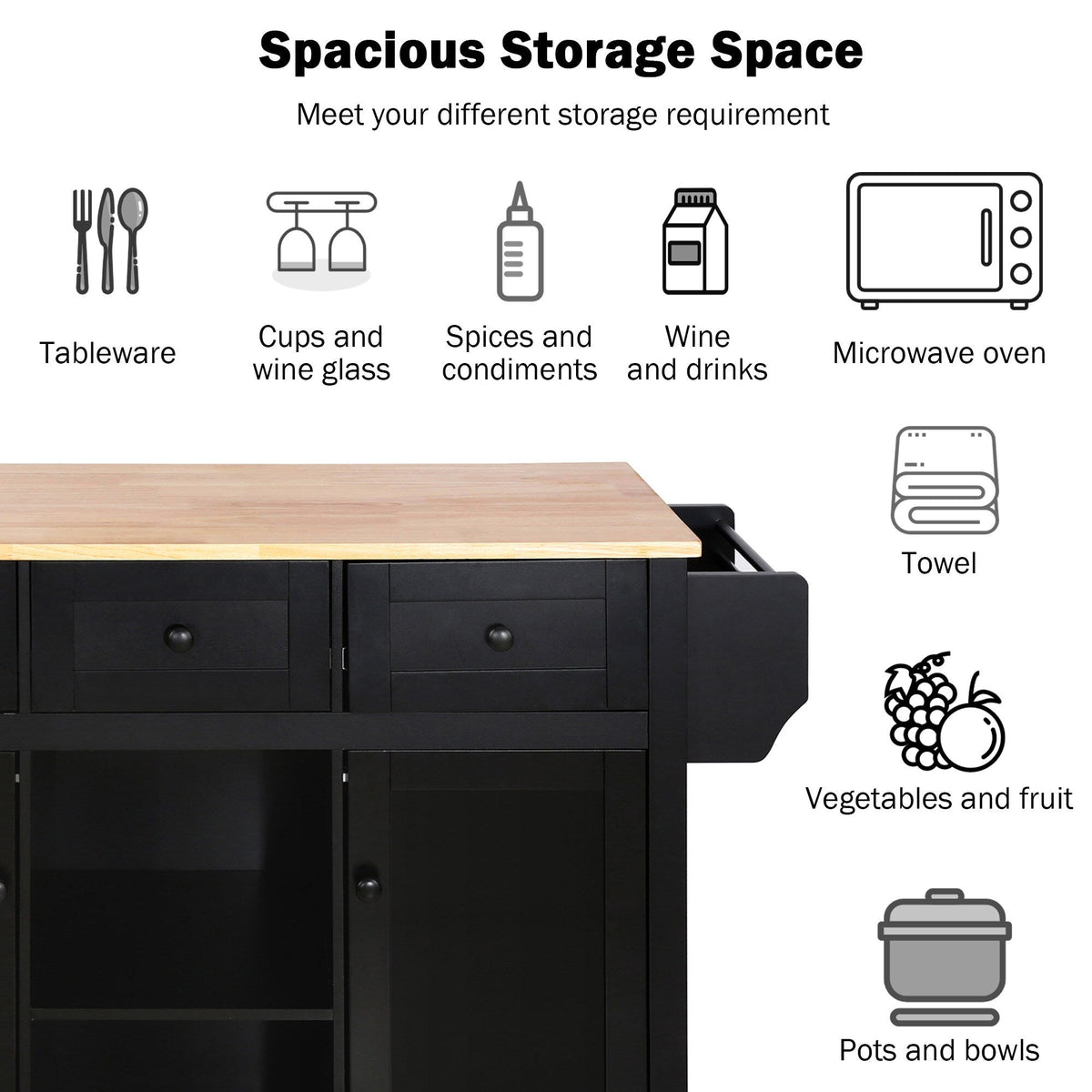 SINOFURN Black Mdf Base with Wood Top Rolling Kitchen Island (17.7-in x 53.1-in x 37.2-in)