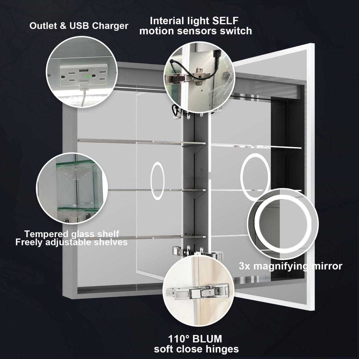 WELLFOR V2 20-in x 30-in Lighted LED Fog Free Surface/Recessed Mount Silver Mirrored Soft Close Medicine Cabinet with Outlet