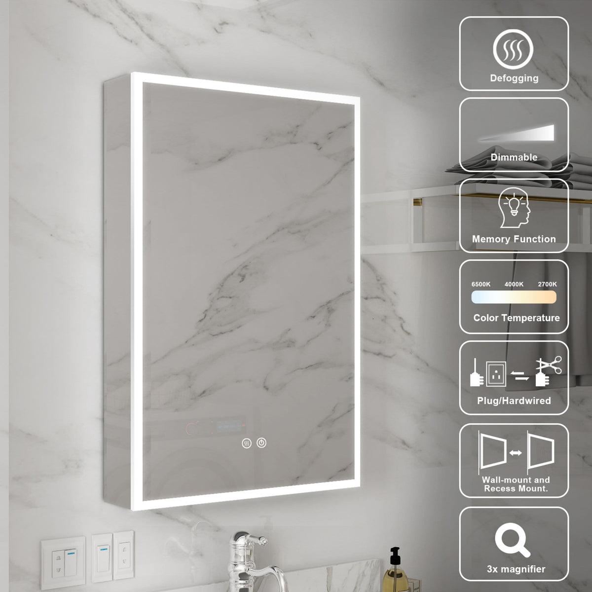 WELLFOR V2 20-in x 30-in Lighted LED Fog Free Surface/Recessed Mount Silver Mirrored Soft Close Medicine Cabinet with Outlet