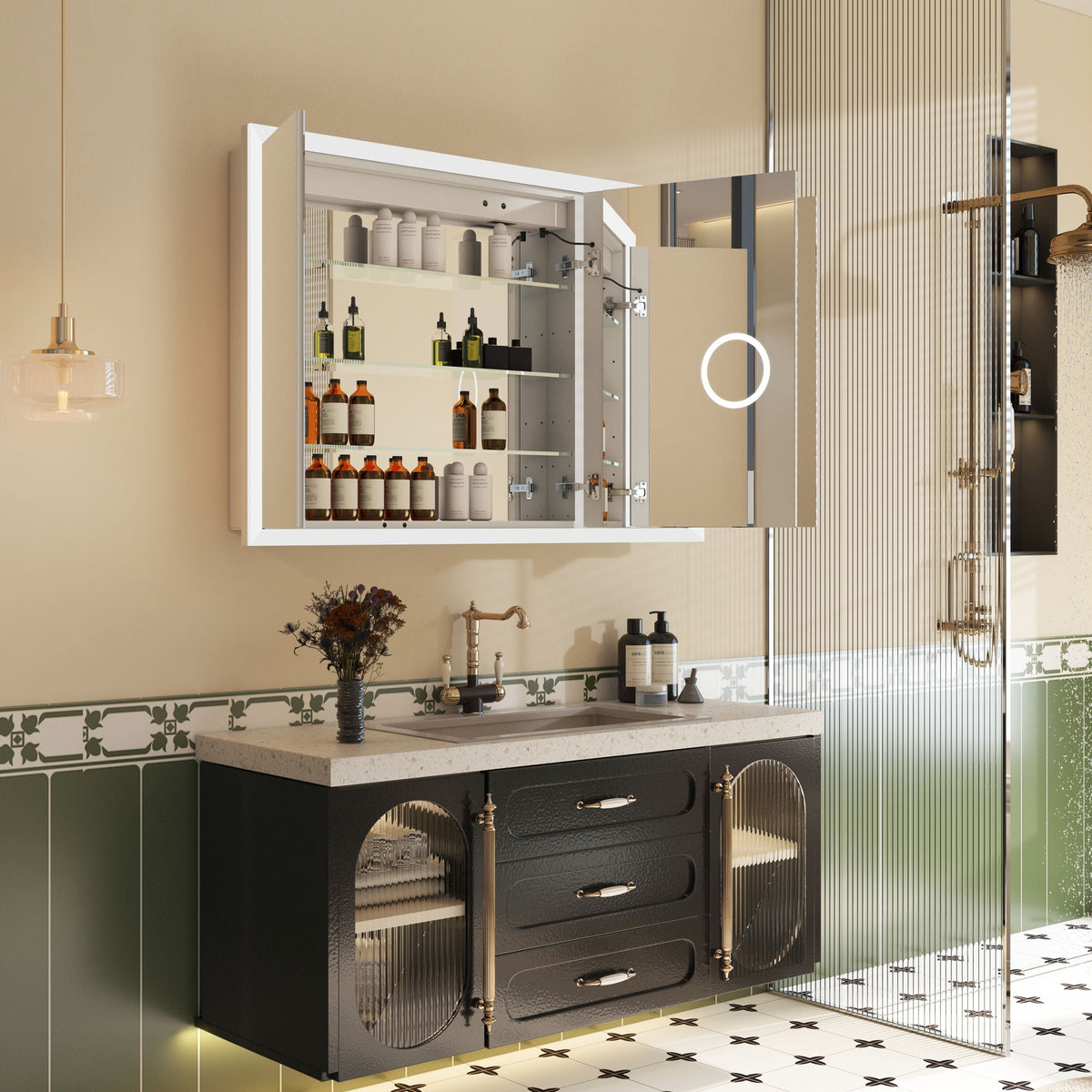 WELLFOR V3 48-in x 32-in Lighted LED Fog Free Surface/Recessed Mount Silver Mirrored Soft Close Medicine Cabinet