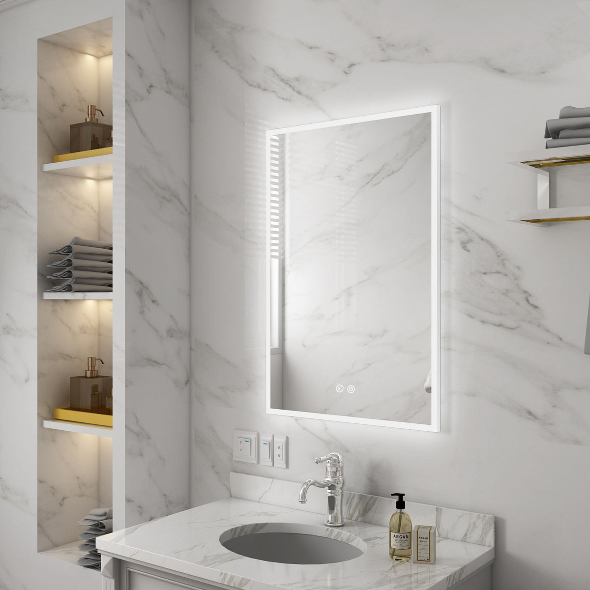WELLFOR V2 20-in x 30-in Lighted LED Fog Free Surface/Recessed Mount Silver Mirrored Soft Close Medicine Cabinet with Outlet