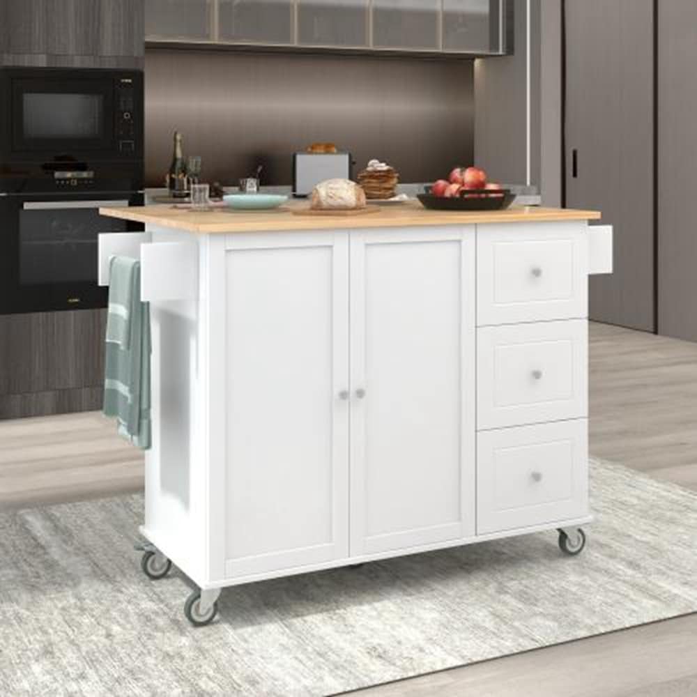 Runesay White Wood Base with Wood Top Rolling Kitchen Island (29.5-in x 52.76-in x 36.81-in)