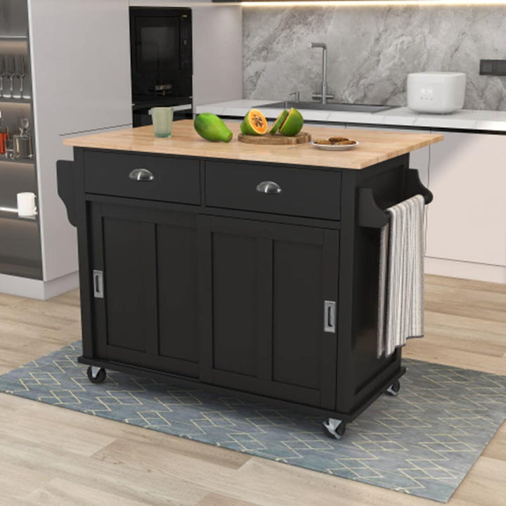 Runesay Black Wood Base with Wood Top Rolling Kitchen Island (20.5-in x 52.2-in x 36.6-in)