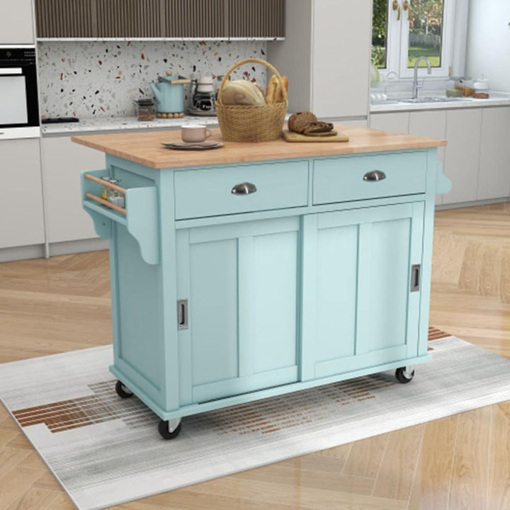 Runesay Green Wood Base with Wood Top Rolling Kitchen Island (20.5-in x 52.2-in x 36.6-in)