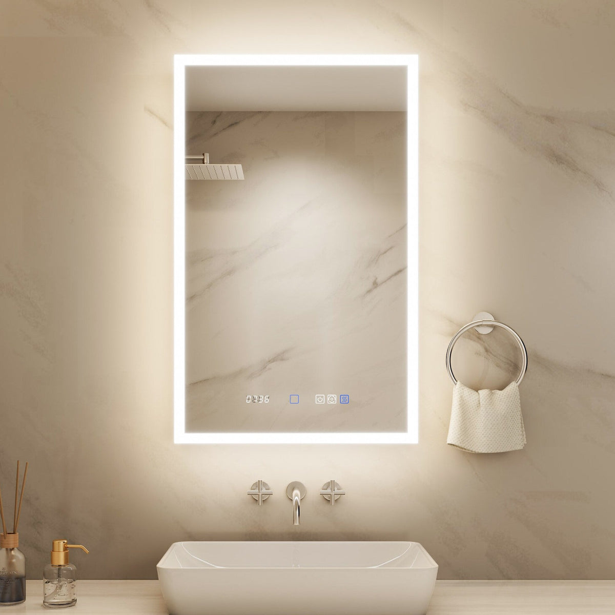 ExBrite 20-in x 32-in Lighted LED Fog Free Surface/Recessed Mount Silver Mirrored Soft Close Medicine Cabinet with Outlet