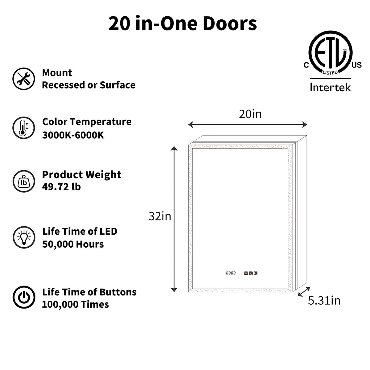 ExBrite 20-in x 32-in Lighted LED Fog Free Surface/Recessed Mount Silver Mirrored Soft Close Medicine Cabinet with Outlet