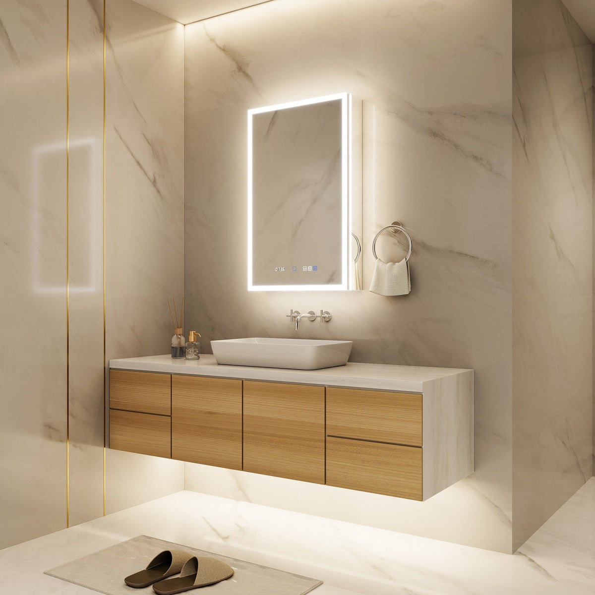 ExBrite 20-in x 32-in Lighted LED Fog Free Surface/Recessed Mount Silver Mirrored Soft Close Medicine Cabinet with Outlet