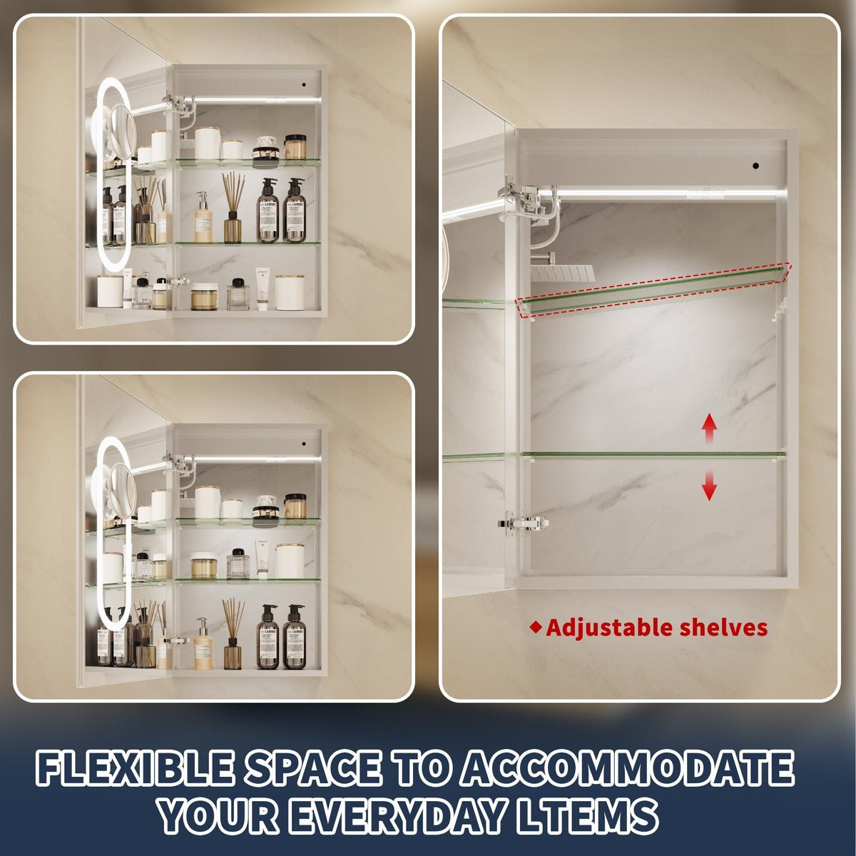 ExBrite 20-in x 32-in Lighted LED Fog Free Surface/Recessed Mount Silver Mirrored Soft Close Medicine Cabinet with Outlet