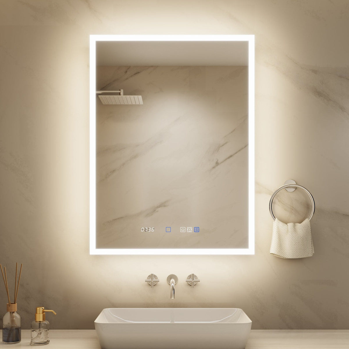 ExBrite 24-in x 32-in Lighted LED Fog Free Surface/Recessed Mount Silver Mirrored Soft Close Medicine Cabinet with Outlet