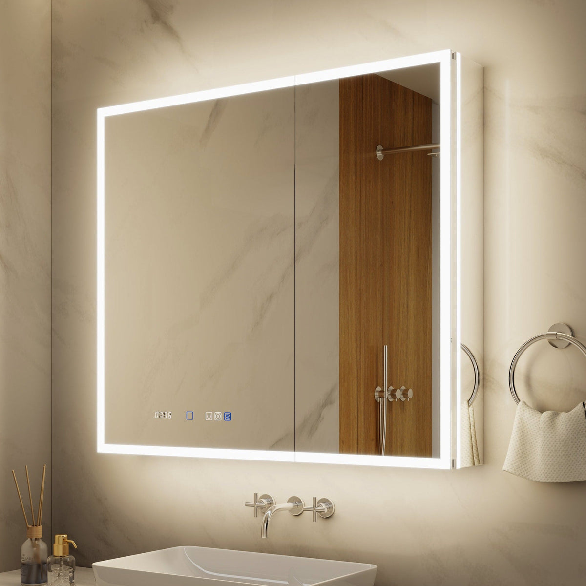 ExBrite 36-in x 32-in Lighted LED Fog Free Surface/Recessed Mount Silver Mirrored Soft Close Medicine Cabinet with Outlet