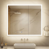 ExBrite 36-in x 32-in Lighted LED Fog Free Surface/Recessed Mount Silver Mirrored Soft Close Medicine Cabinet with Outlet