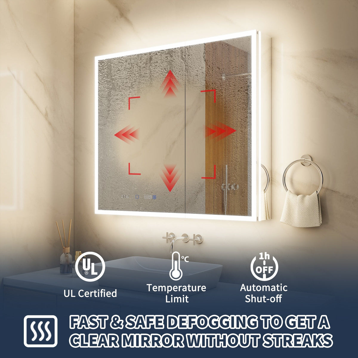 ExBrite 36-in x 32-in Lighted LED Fog Free Surface/Recessed Mount Silver Mirrored Soft Close Medicine Cabinet with Outlet