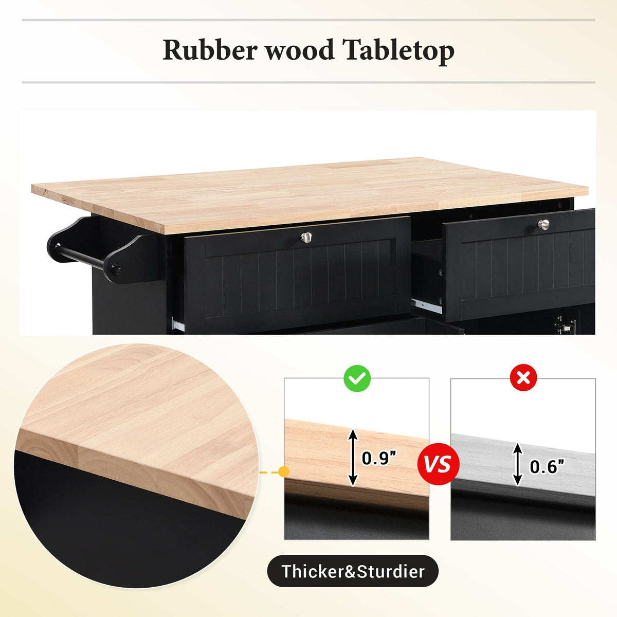 Bybafun Black Mdf Base with Wood Top Rolling Kitchen Island (29.5-in x 50.3-in x 36.6-in)