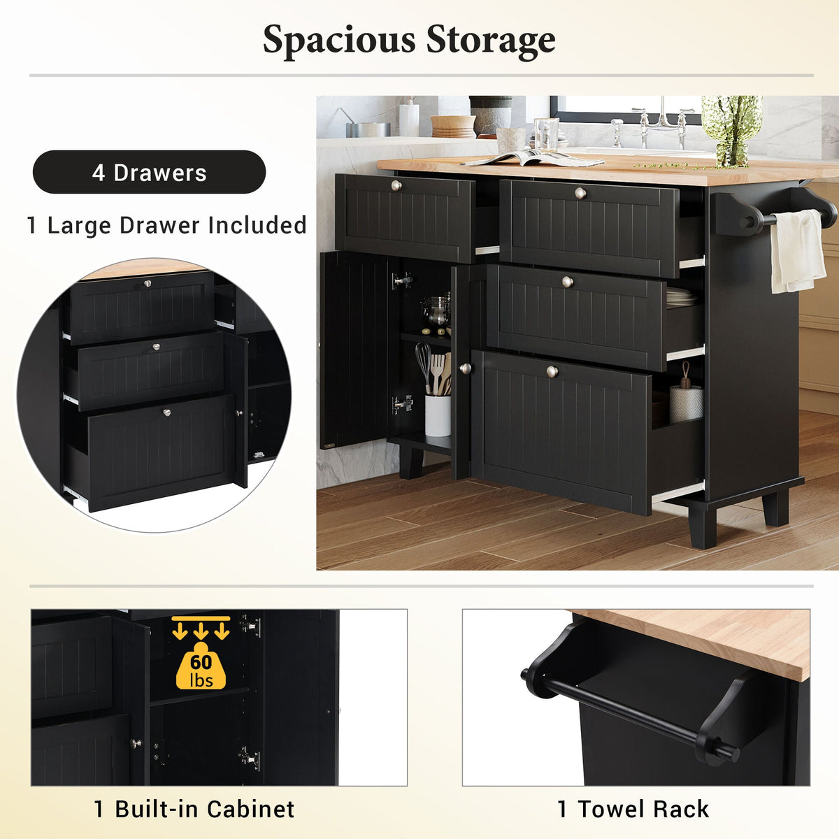 Bybafun Black Mdf Base with Wood Top Rolling Kitchen Island (29.5-in x 50.3-in x 36.6-in)