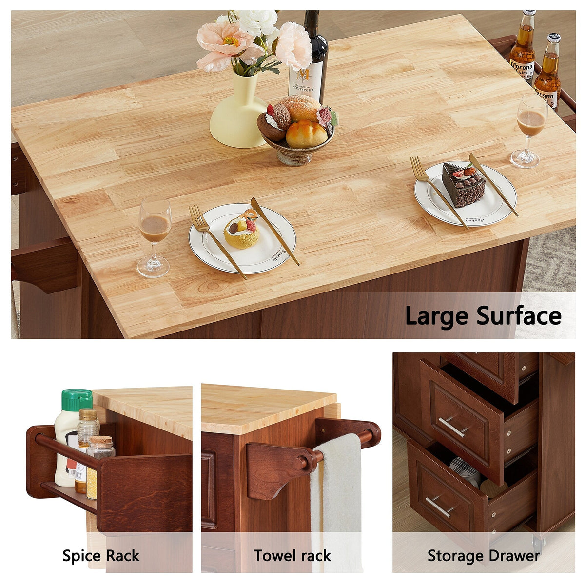 Bybafun Brown Mdf Base with Mdf Wood Top Rolling Kitchen Island (18.1-in x 53.8-in x 35.5-in)