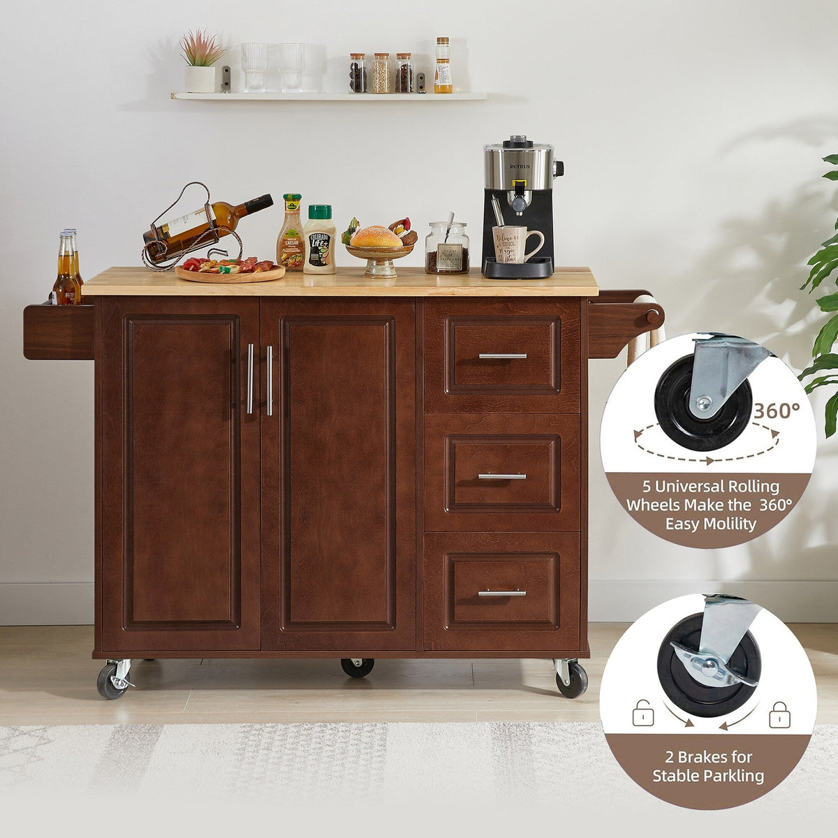 Bybafun Brown Mdf Base with Mdf Wood Top Rolling Kitchen Island (18.1-in x 53.8-in x 35.5-in)
