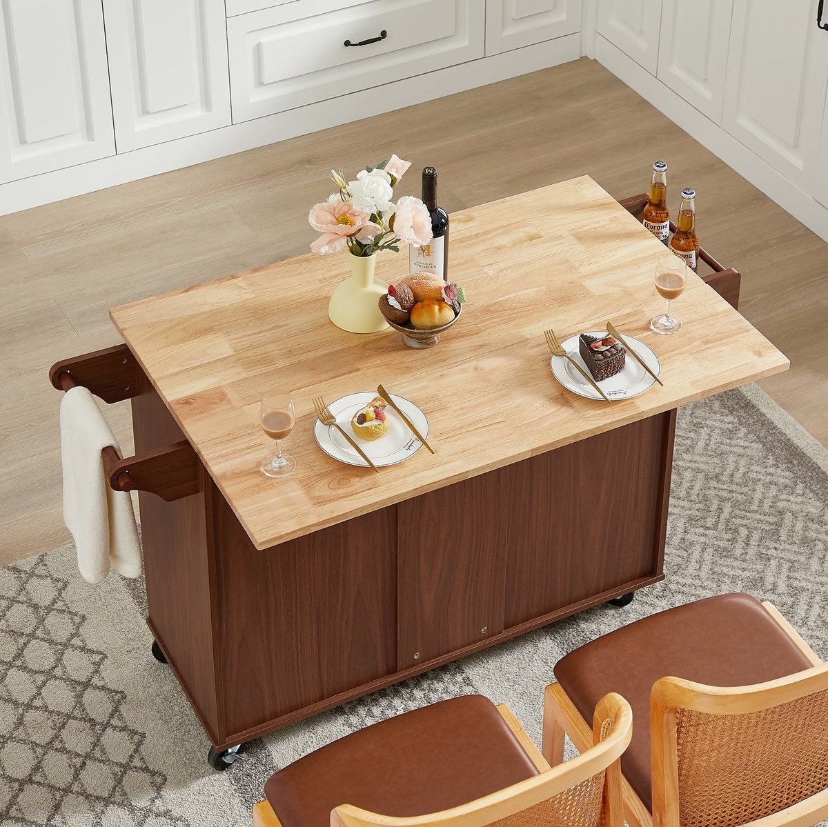 Bybafun Brown Mdf Base with Mdf Wood Top Rolling Kitchen Island (18.1-in x 53.8-in x 35.5-in)