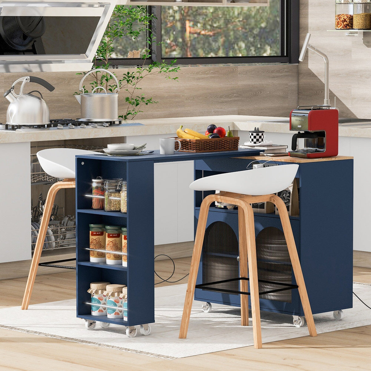 Bybafun Blue Mdf Base with Mdf Wood Top Rolling Kitchen Island (15.8-in x 56.3-in x 37.1-in)