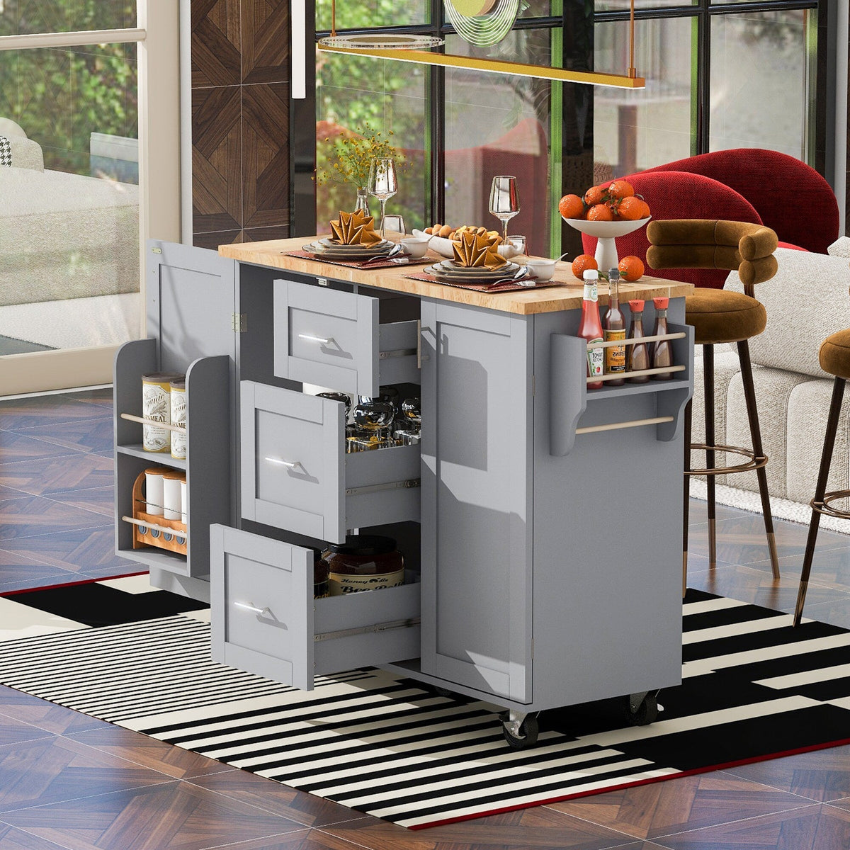 Bybafun Gray Mdf Base with Wood Top Rolling Kitchen Island (17-in x 50-in x 36.9-in)